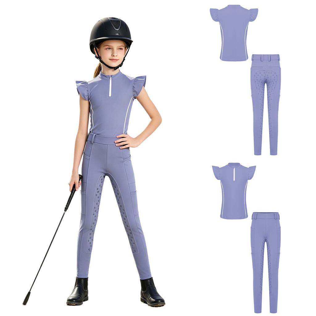 Mädchen Reitsport Reiten Reißverschluss Stehkragen Rüschenärmel Kontrastbesatz Oberteil Anti-Rutsch Vollbesatz Reithose Outfit