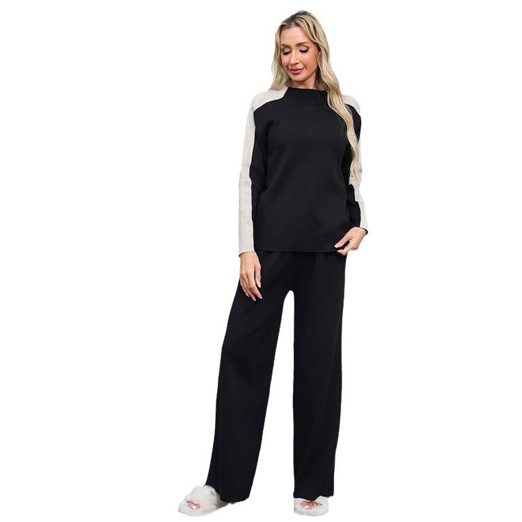 Womens 2 Piece Sweater Set Color Blocked Loose Knitted Pullover Top Wide Leg Pants Lounge Matching Sets Fall Winter Travel Outfits Sweatsuit for Women
