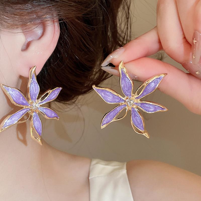 Vintage Metal Colorful Oil Dripping Flower Big Earrings For Women Sweet Simple Fashion Bohemia Trendy Jewelry Accessories Gifts