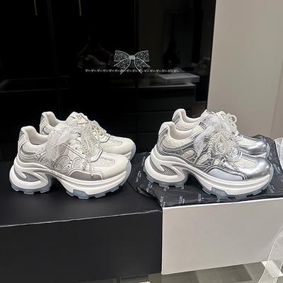 Rundleer versie~ binnenverhoging veter parel papa schoenen dames ademend leer casual sportschoenen dames platform papa schoenen