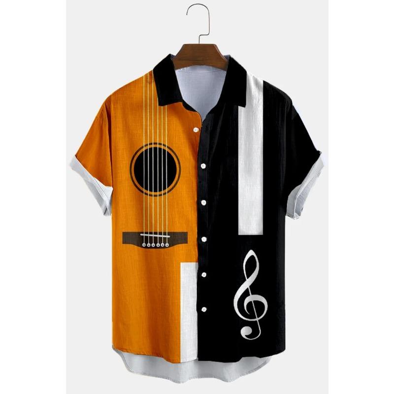 Men's Casual Shirt 3D Music Note Printed Hawaiian Men's Short Sleeve Lining