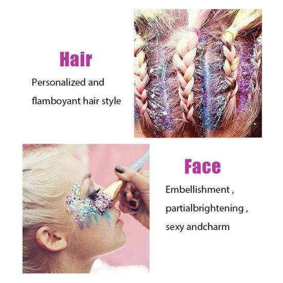 Augenglitzer, Haar, Gesicht, Lippe, Körperkunst, funkelnde Pailletten, glitzernder flüssiger Lidschatten