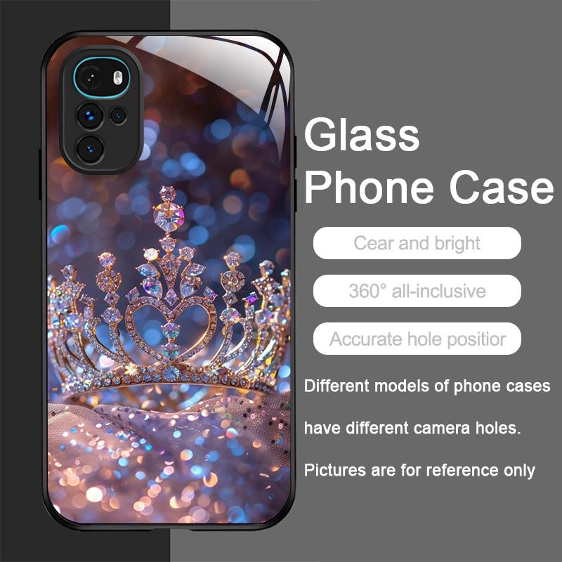 Luxury Crown Jewelry Flower Pattern Tempered Glass Phone Case for Motorola Moto G85 G84 G75 Edge 50 Fusion 40 Neo 30Pro 5G Cover