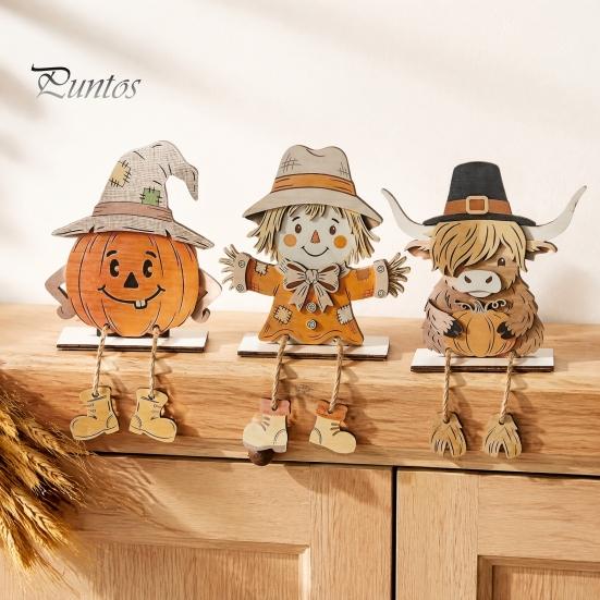 Handgefertigte Holz-Feiertags-Tischdekorationen Halloween Kürbis Vogelscheuche Schottische Hochlandrind-Figuren, Niedliche Hängende Bein-Ornamente, Langlebiges Erntedankfest