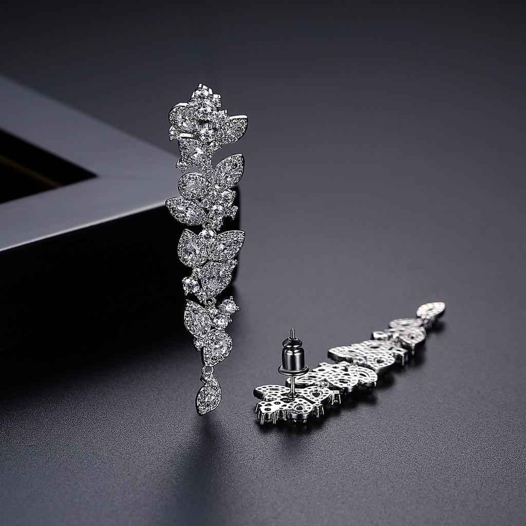LUOTEEMI Hot Trendy Rhodium Gold Plated Long Tassel Chained Earrings Full Diamond Zircon Bling Bling Leaf Flower Drop Earring