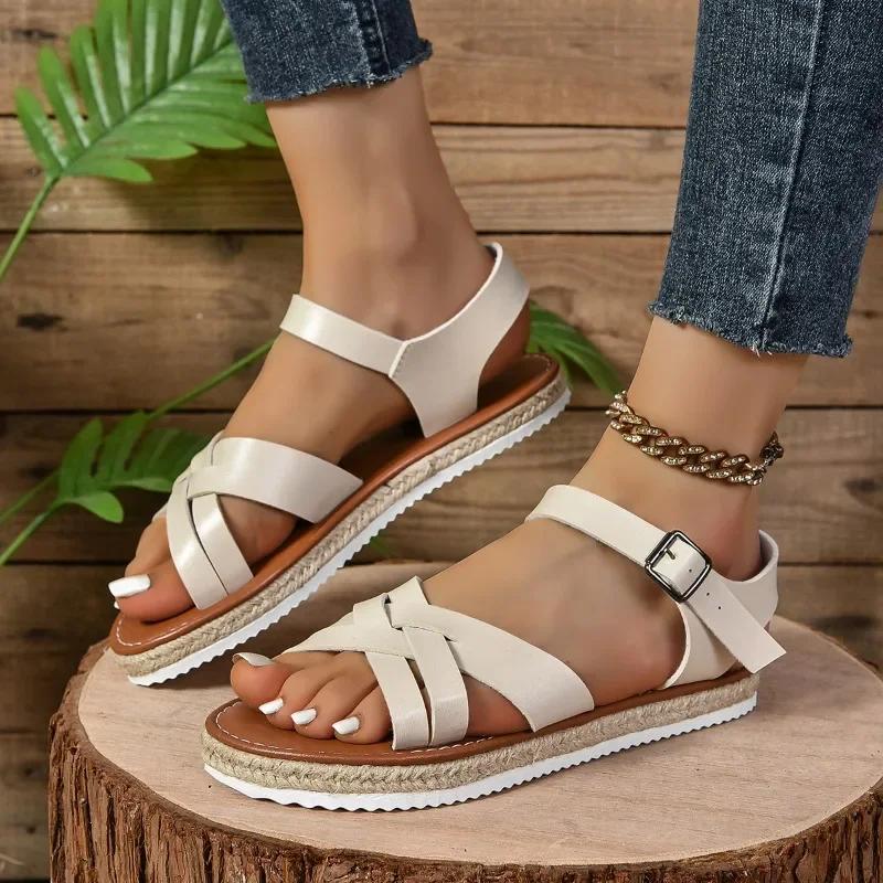 Fashion Summer Women's Shoes 2024 New Women's Sandals Fashionable Solid Color Open Toe One-line Buckle Strap Large Size Women's Sandals