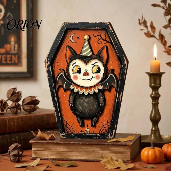 Entrance Door Hanging Signs Vintage Halloween Wooden Decor, Coffin-Shaped Tabletop Ornaments, Freestanding & Decorations for Home Ornament Mantel