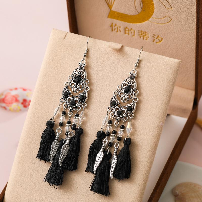 

New Ethnic Temperament Tassel Earrings for Women Fashion Long Rhinestone Rice Bead Leaf Dangle Earring Wedding Party Jewelry чорний