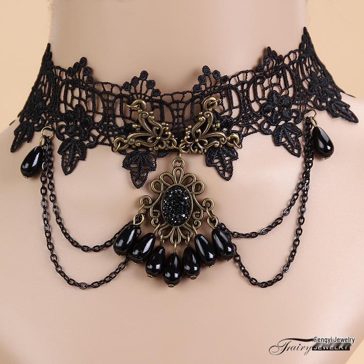 Cross-Border Black Gothic Punk Lace Choker Necklace - Exaggerated Clavicle Chain Fake Collar for Women