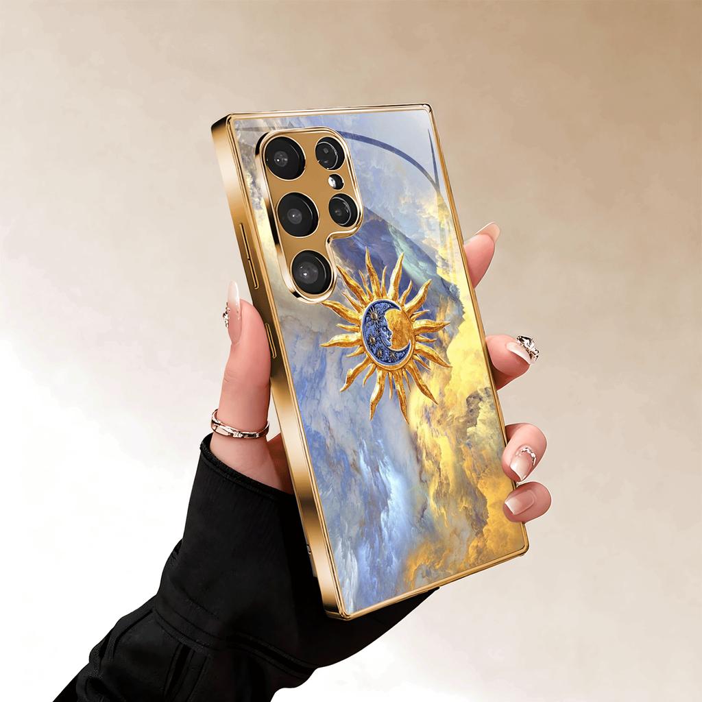 Gold-plated Tempered Glass Phone Case Compatible Galaxy S26 S25 S24 S23 S22 Ultra Plus. Features a Corona Cloud Design.