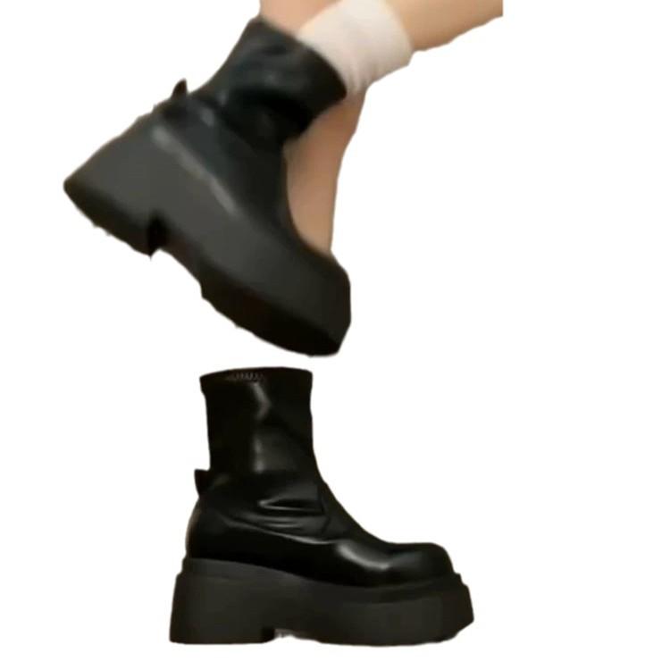 Small thick-soled heightening short boots women's autumn new retro black thin Martin boots soft leather elastic thin boots