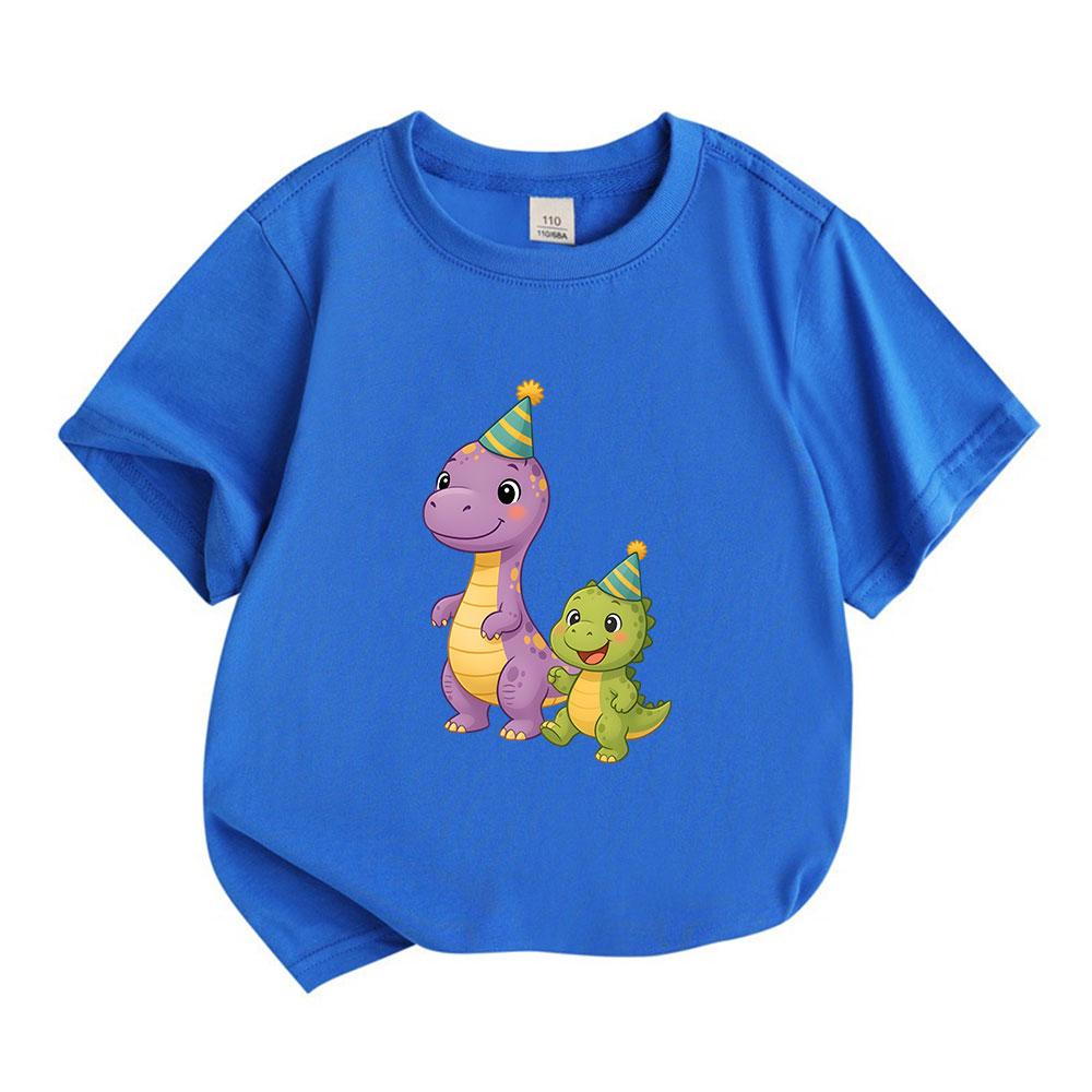 Cute Kids Boys Girls 100% Cotton Crew Neck Short Sleeve T-Shirt, Adorable Cartoon Dinosaur with Party Hats Print Casual Lightweight Tee for Children D