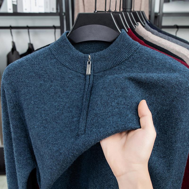Solid Color 100 Wool Thickened Warm Half Zip Half Turtleneck Pullover Knit Sweater For Men