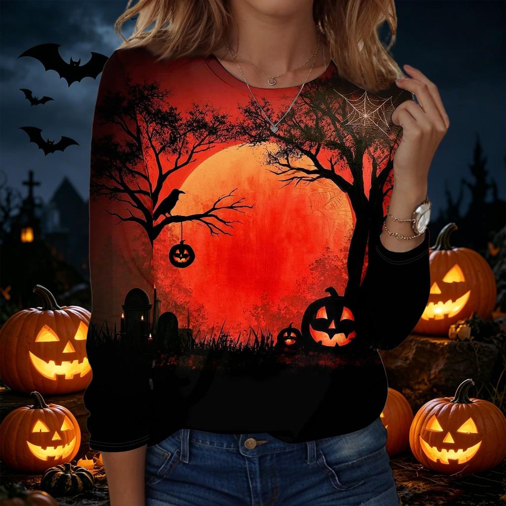 Womens Halloween Printed Crewneck Pullover Sweatshirt Long Sleeve Casual Top with Graphic Design for Seasonal Wear