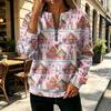 Women's V-Neck Half Zip Long Sleeve Pullover with Small Heart Print, Zipper Pull and Cuffed Sleeves