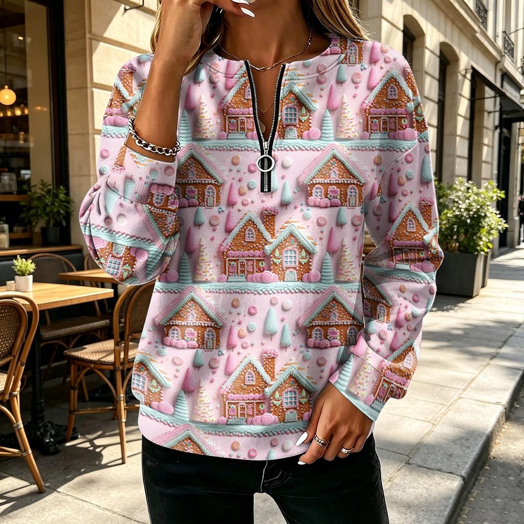 Women's V-Neck Half Zip Long Sleeve Pullover with Small Heart Print, Zipper Pull and Cuffed Sleeves