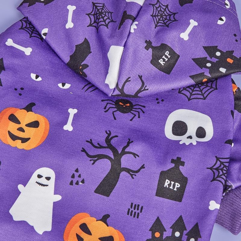 Halloween Pet Hoodie with Pumpkin, Bat & Skull Prints, Purple Hooded Sweatshirt Small Dog Costumes Pet Hoodies Warm Pet Clothes
