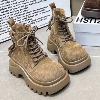 Flache Plateau Damen Stiefeletten Wildleder Winterschuhe Designer Schnürung Sportstiefel 2025 Lässige Chelsea Botas Damenschuhe