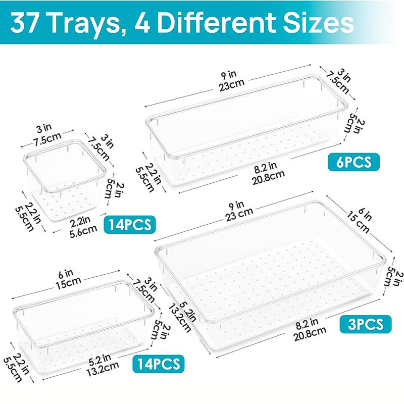 Clear Plastic Drawer Organizers Set 4-Size Versatile Bathroom and Vanity Drawer Organizer Trays