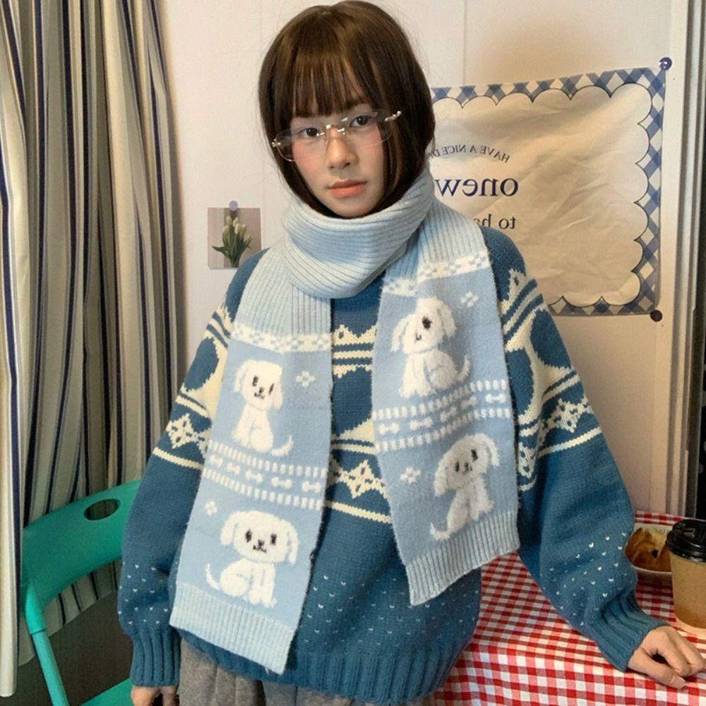 Jacquard Puppy Cycling Neckerchief Fluffy Winter Wool Scarf Cartoon Cat Knitted Scarf Winter