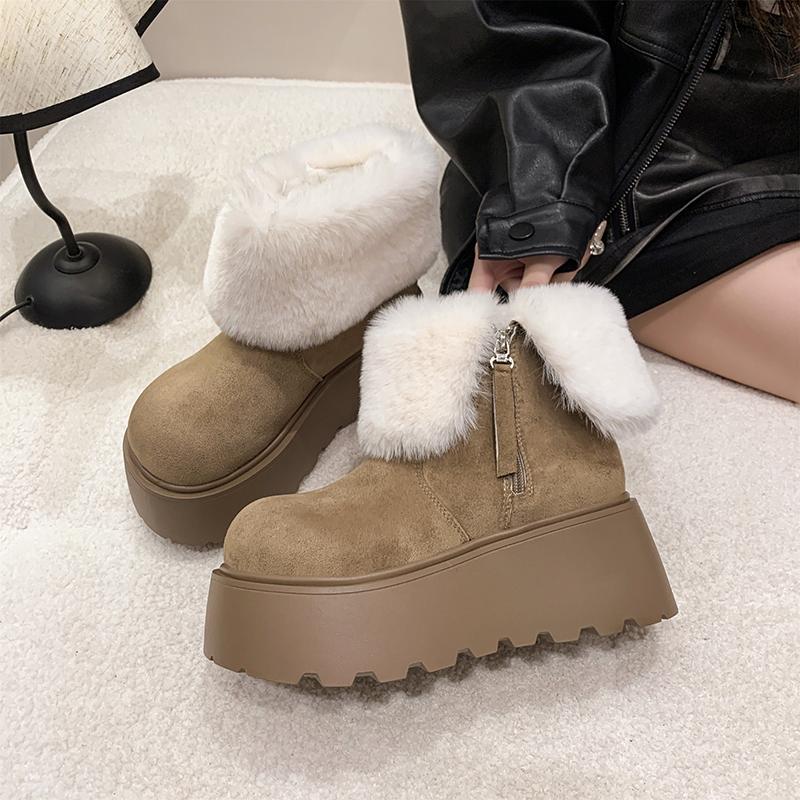 Fashion Winter Fashion Thick Sole Women Fur Snow Boots Concise Height Increase Shoes Ladies Outdoor Keep Warm Cotton Short Booties