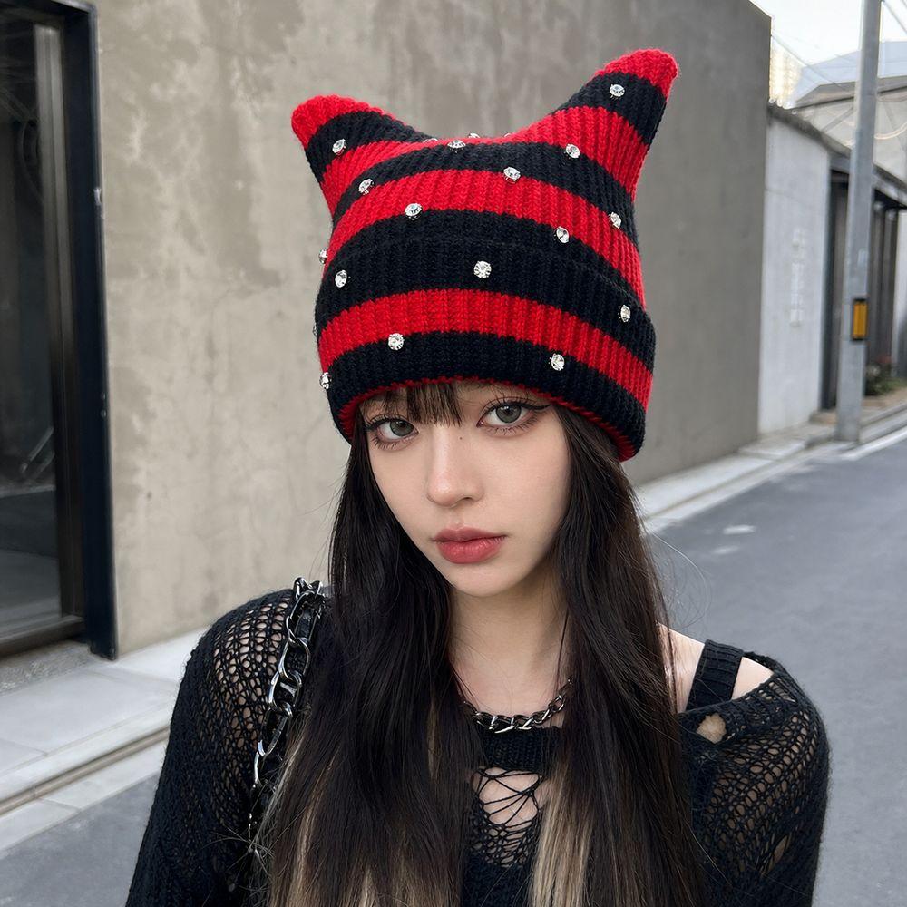 Gifts Yarn Cat Ear Beanie Crystal Y2K Harajuku Striped Hat Punk Gothic Stretchable Knit Knitted Skull Cap Casual Streetwear