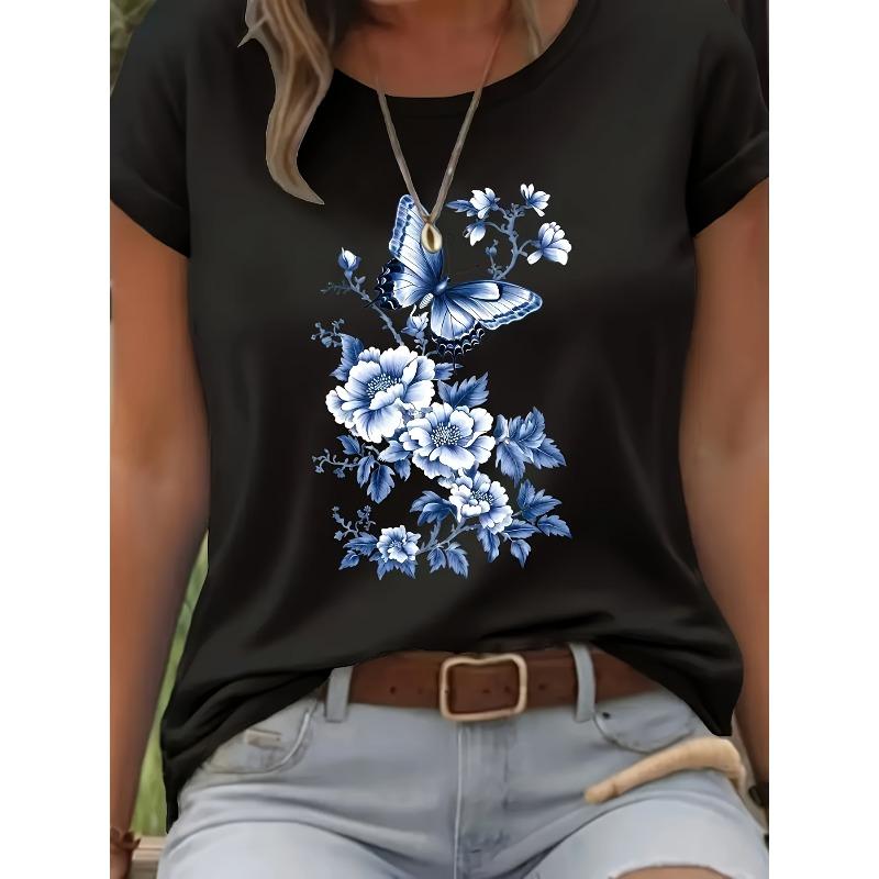 European Size Women S Stretchy Casual T-Shirt Featuring Floral Butterfly Prints - Soft, Comfortable, And Breathable S чёрный