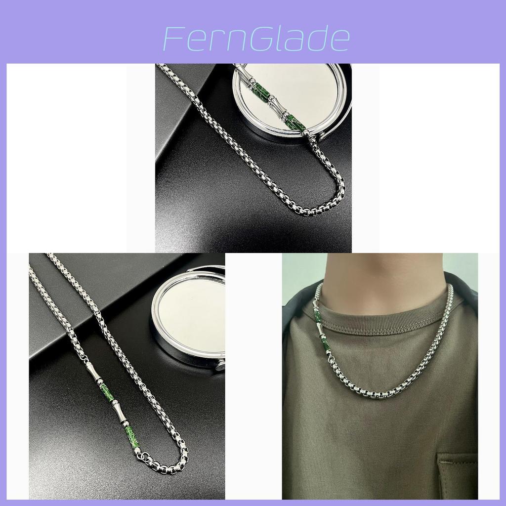 Stainless Steel Geometric Necklace For Men With Green Bamboo Beads Handmade Vintage Style