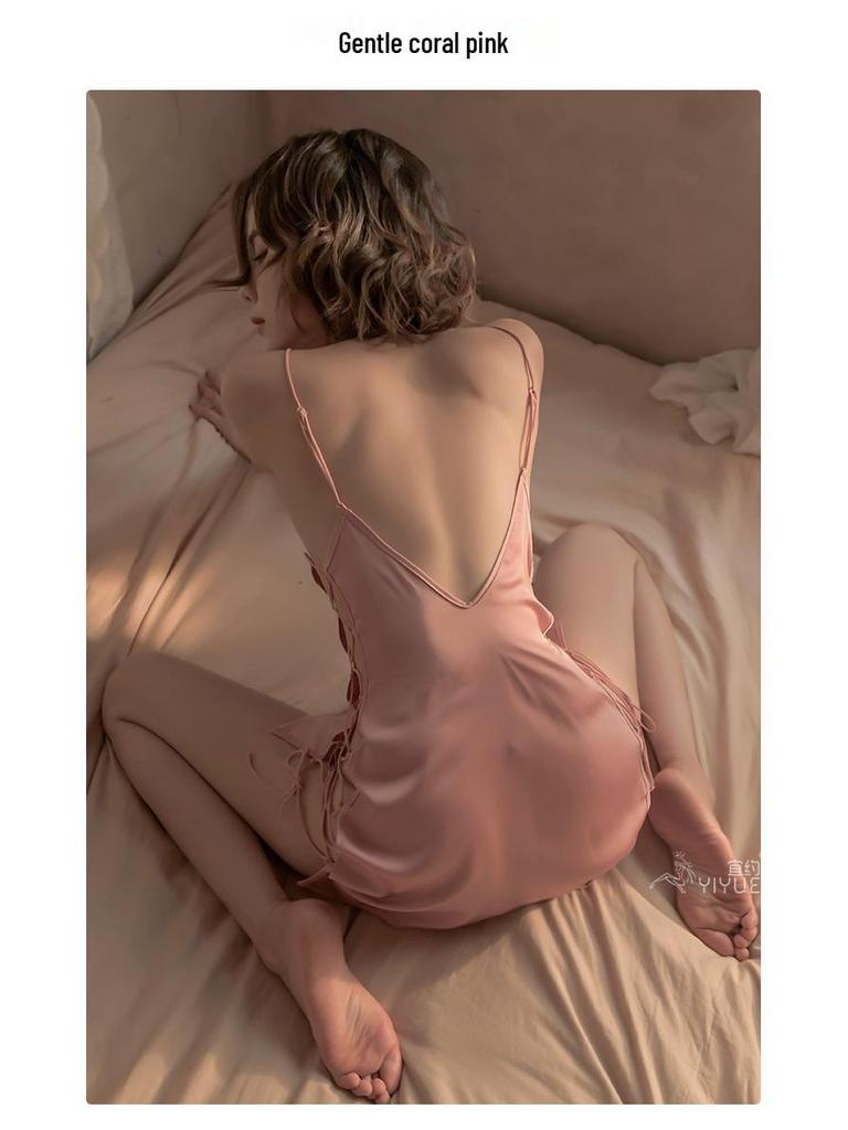 Yi Yue Women's Silky Side-Slit Lace-up Nightgown Set
