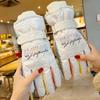Thickened Suede Gloves For Women Cold Weather Winter Warm Gloves With Rabbit Faux Fur Can Detachable Thermal Lining Party Gloves