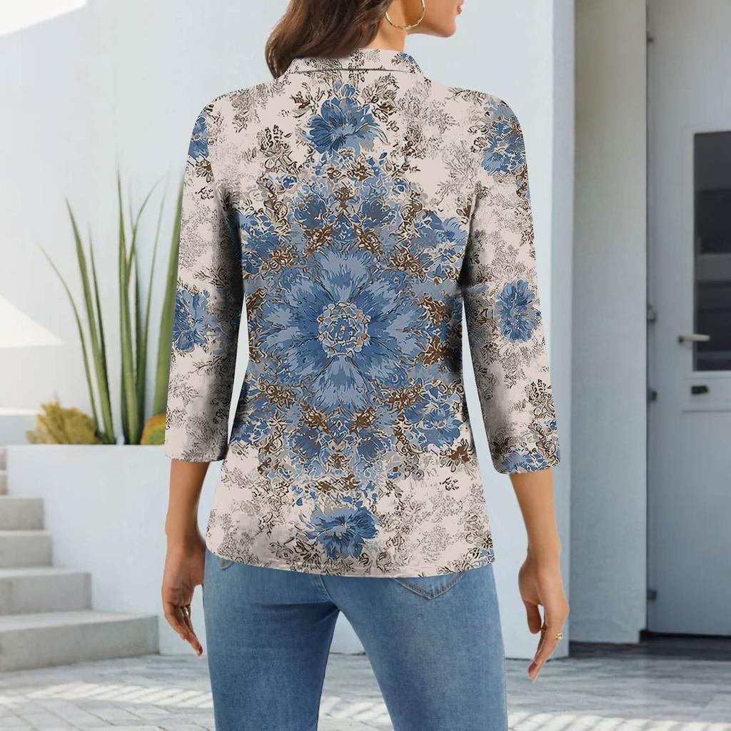 Damska Moda Casual Klapa Krótki Rękaw 3/4 Koszula z Nadrukiem Damskie Bluzki Zapinane na Guziki