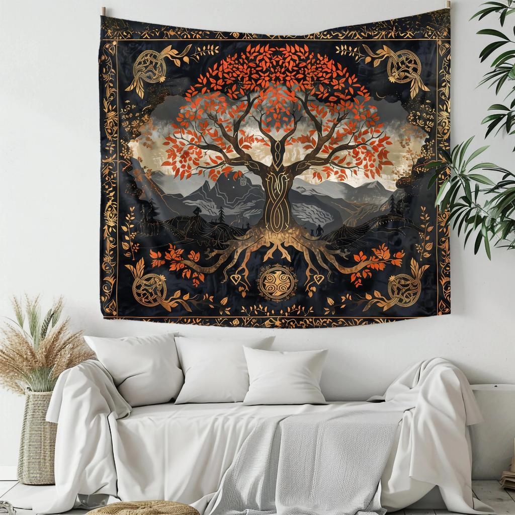 Tree of Life Tapestry Celtic Knot Wall Hanging Peach Skin Fabric Boho Autumn Landscape Wall Decor for Bedroom Living Room Dorm