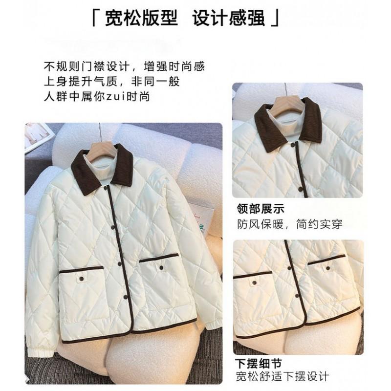 Womens Winter Short Loose Cotton Padded Jacket With Lapel Collar Quilted Design Warm Casual Outerwear