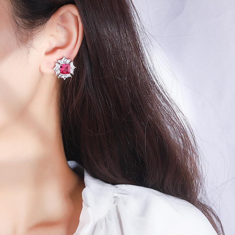 Internet Celebrity Small Fresh Color Treasure Earrings Imitation Color Treasure Square Earrings Low Luxury Diamond Sapphire Earrings Main Stone 8 * 8