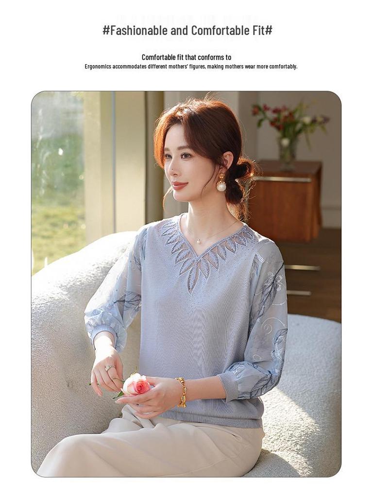 Mom's Spring V-neck Knit Top with Gauze Sleeves, Stylish Thin Layer for Middle-aged and Elderly Women.