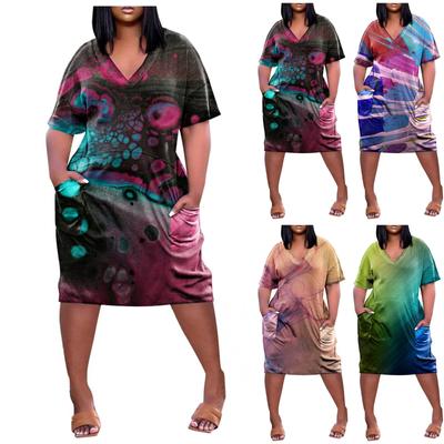 2022 Women's Summer Plus Size V Neck Short Sleeve Knee Pocket Tie-dye Print Casual Dress