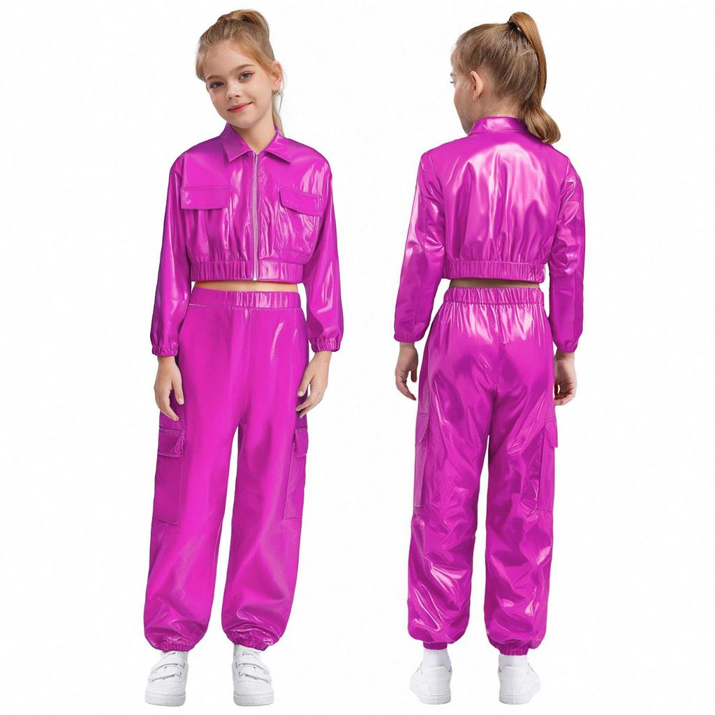 Unisex Kinder Hip Hop Tanzkostüm Metallic-Jacke mit Langarm-Umlegekragen und glänzendem Hosenset