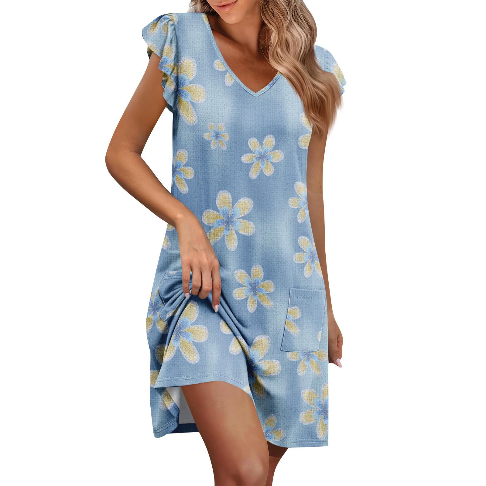 

Womens Summer Dress Ruffle Sleeve V Neck Short Dresses Fashion Casual Flowy A Line Swing Sundress With Pocket XL