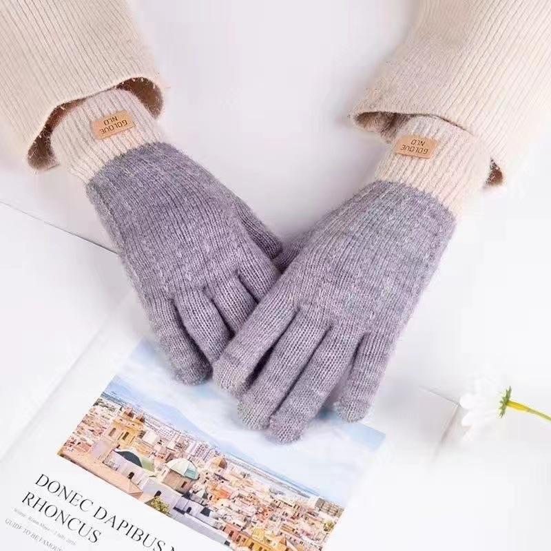 Winter Gloves Winter Girl Thickened Five-finger Student Cute Knitted Cold-proof Riding Touch Screen Warm Cycling Gloves