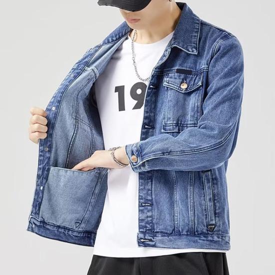 Pánská džínová bunda Klopa Dlouhý rukáv Kapsy s klopou Jednobarevný kabát Zapínání na knoflíky Neformální džínové svrchní oblečení Každodenní nošení