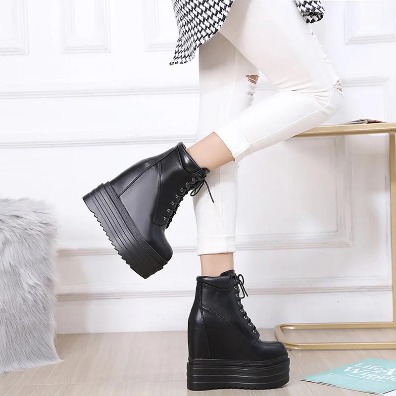 Fashion Lace Up Boots 16CM Thick Heel Ankle Boots Women High Heels Autumn Winter Woman Shoes Black Boots Platform Shoes