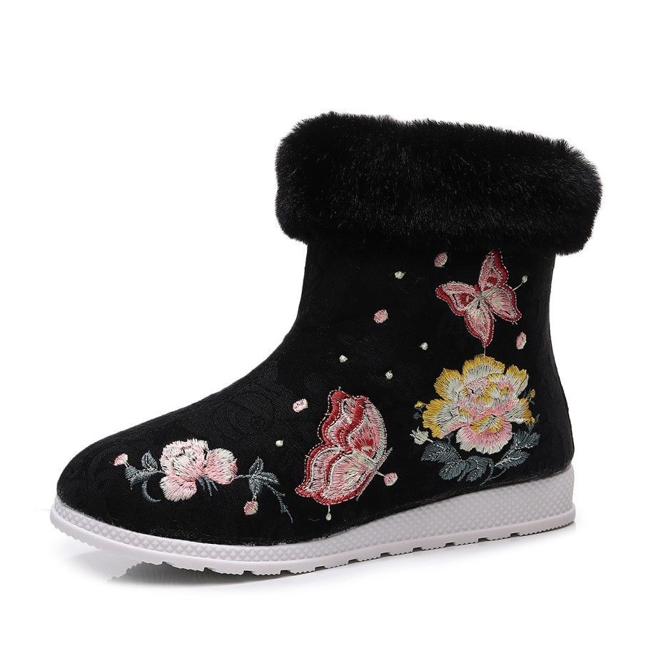 Dame Vinterstøvletter med Fuskepelsfôr Utendørs Sklisikre Ankelstøvletter med Broderi Glidelås Casual Korte Ankelstøvletter med Plysjfôr for Damer