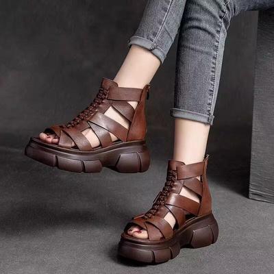 Summer 2025 New Style Women's Thick-soled Anti-slip Hollowed-out Ankle Boots Roman Shoes Open-toe High-top Women's Sandals