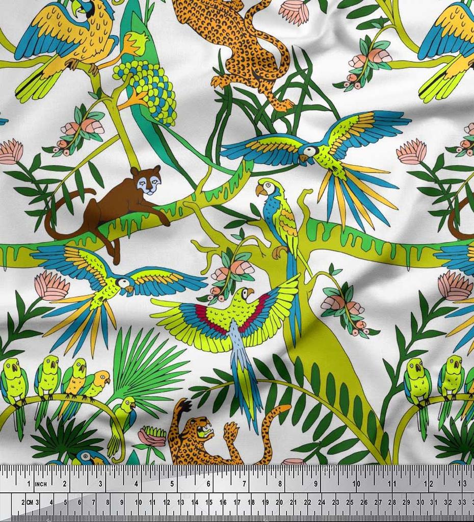 Soimoi Japan Crepe Satin Fabric Branches,Parrot & Leopard Jungle Print Fabric by the metre 42 Inch