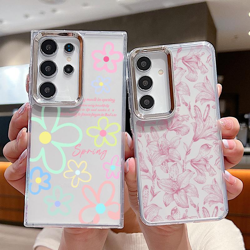 Romantic Rose Flower Pattern Case For Samsung S26 S25 Ultra S24 FE S23 Plus S22 S21 A15 A16 A17 A35 A36 A37 A54 A55 A56 A57 5G Plating Lens Soft Cover
