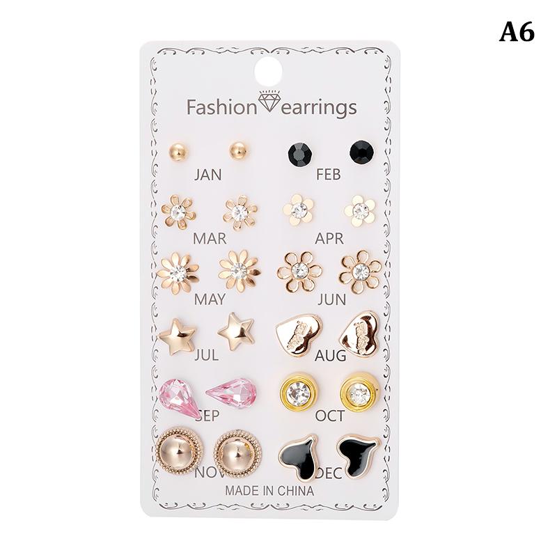 12Pairs Combination Stud Earrings Set  Imitation Pearl Flower Heart Star Small Earrings For Women Mix Style Month Jewelry