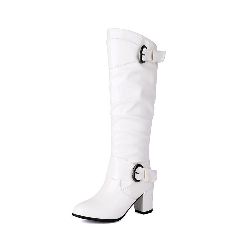 Meotina Women Knee High Long Boots Round Toe Chunky High Heels Zipper Buckle Gogo Boots Ladies Fashion Shoes Winter Black 43