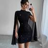 Women's Glitter Cloak Sleeve Mini Dress Sexy Mock Neck Cocktail Party Dress Going Out Wedding Guest Dress