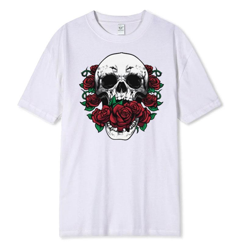 Skull and Red Roses Skeleton Gothic Hipster Novelty ShortSleeve Unisex TShirt Skeleton and Flower Pattern Cotton Casual Shirt