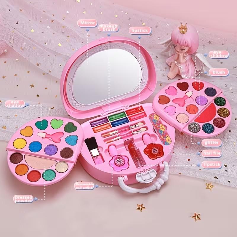1set Colorful Girls' Pretend Makeup Toy Set - Pink and White Plastic Makeup Case with Mirror, Brushes, and Accessories.